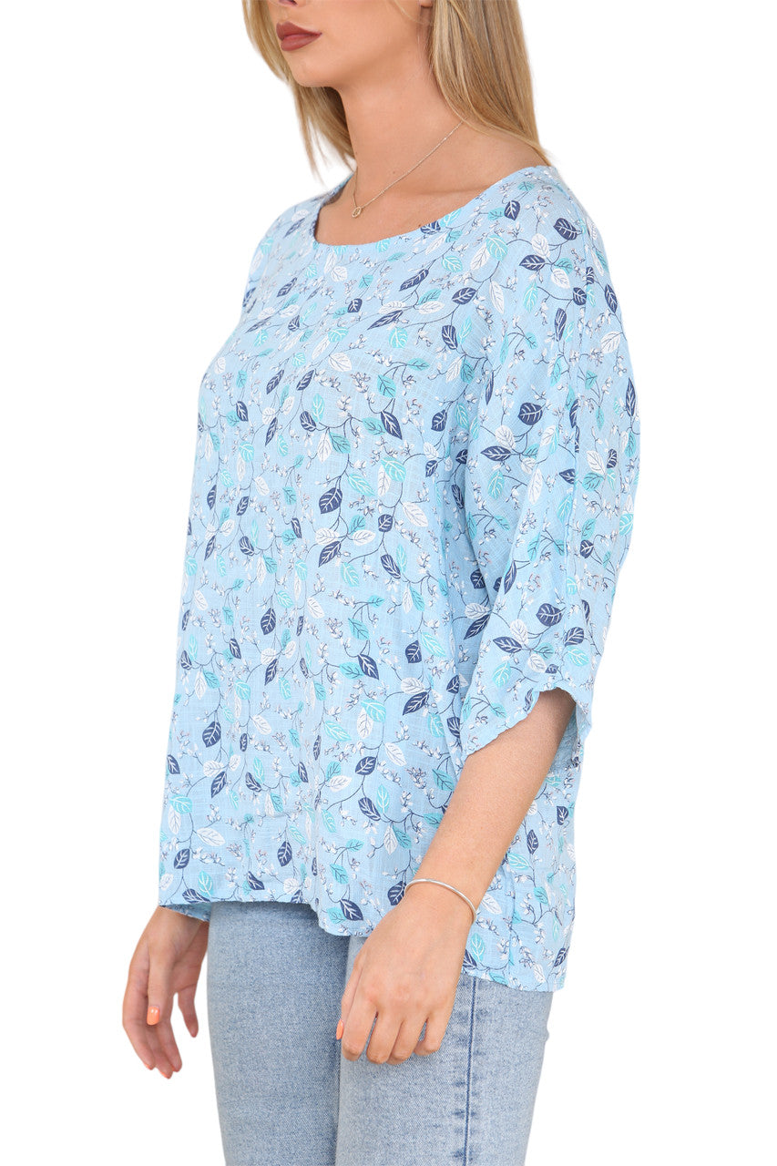 Ladies Ditsy Leaves Print Top Light Blue