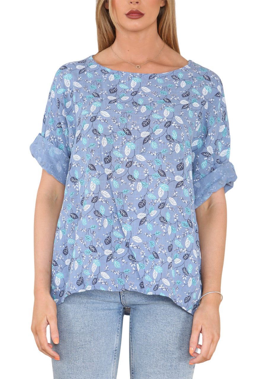 Ladies Ditsy Leaves Print Top Denim