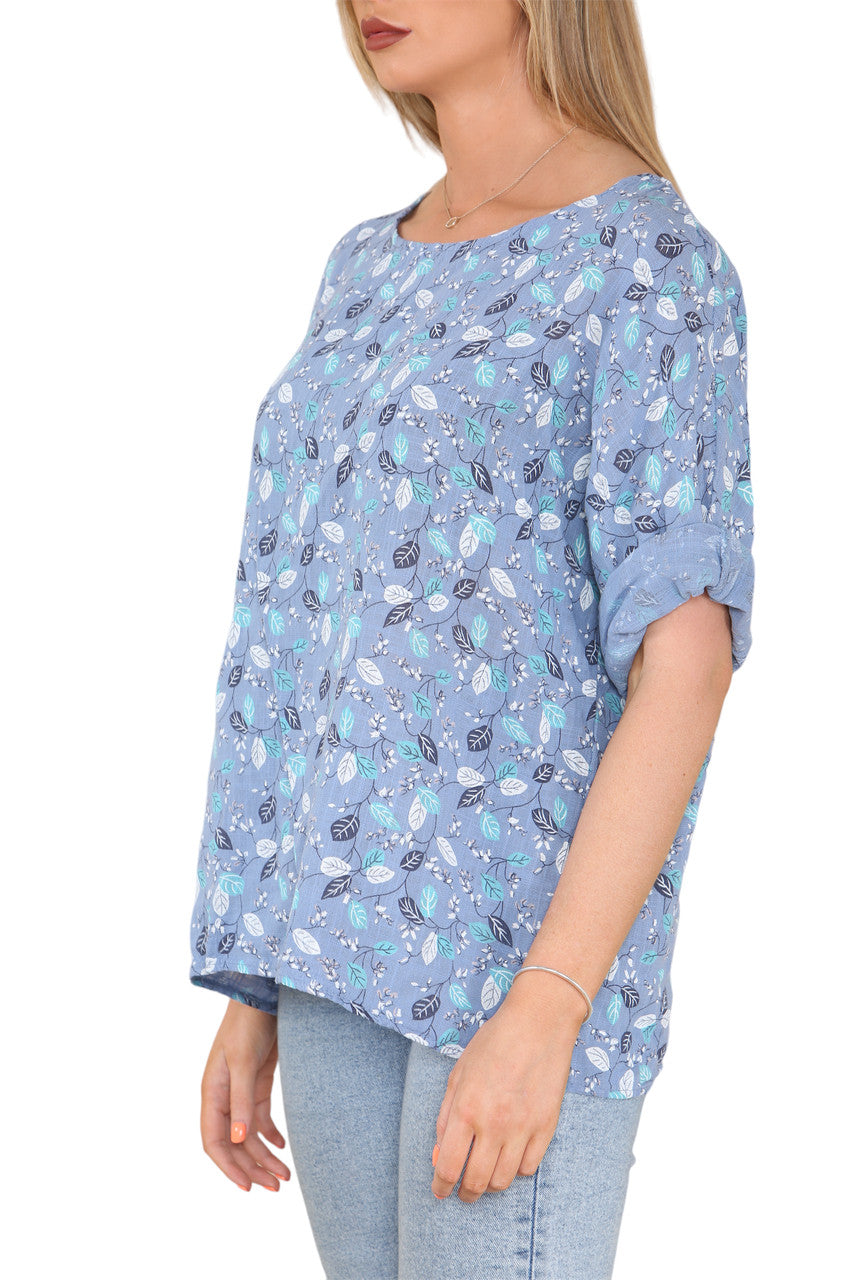 Ladies Ditsy Leaves Print Top Denim
