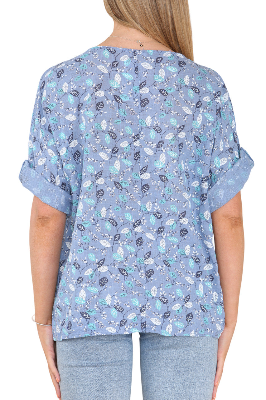 Ladies Ditsy Leaves Print Top Denim