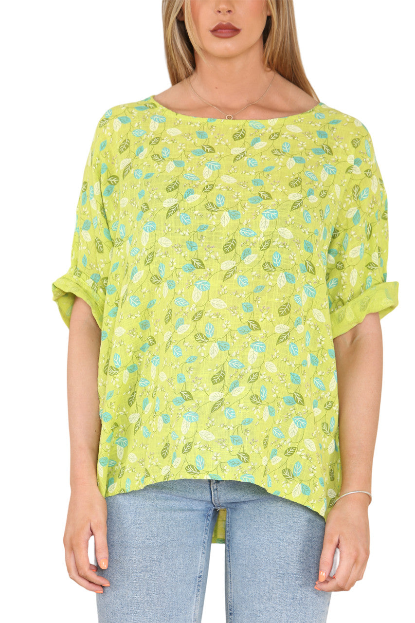 Ladies Ditsy Leaves Print Top Lime