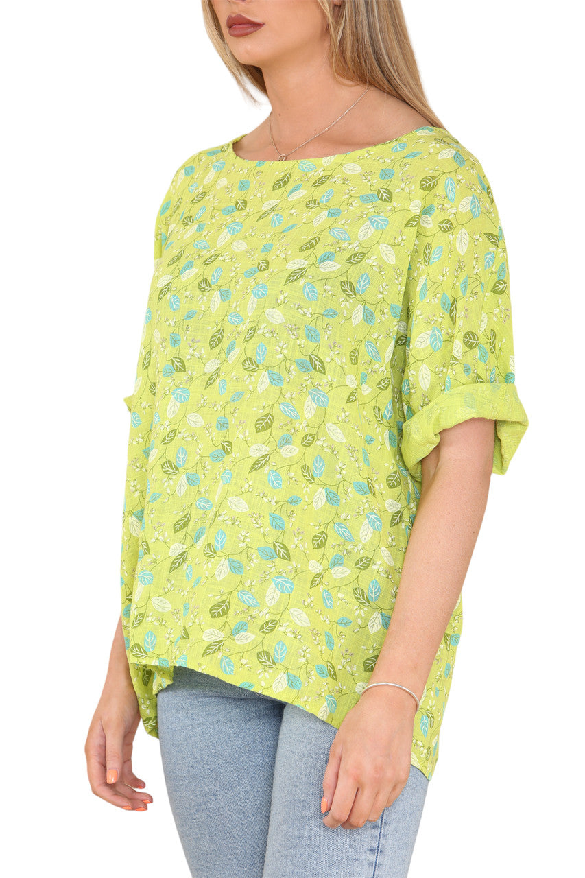 Ladies Ditsy Leaves Print Top Lime