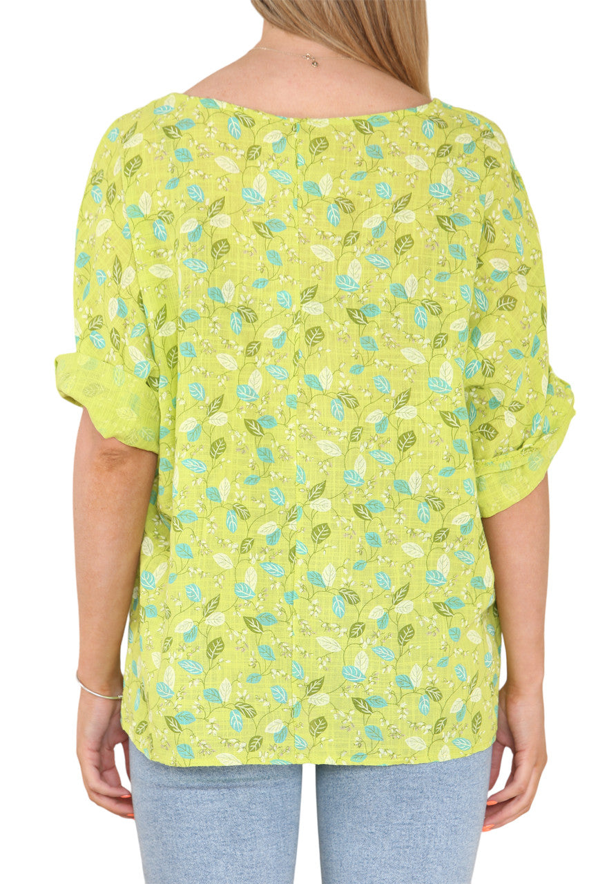 Ladies Ditsy Leaves Print Top Lime
