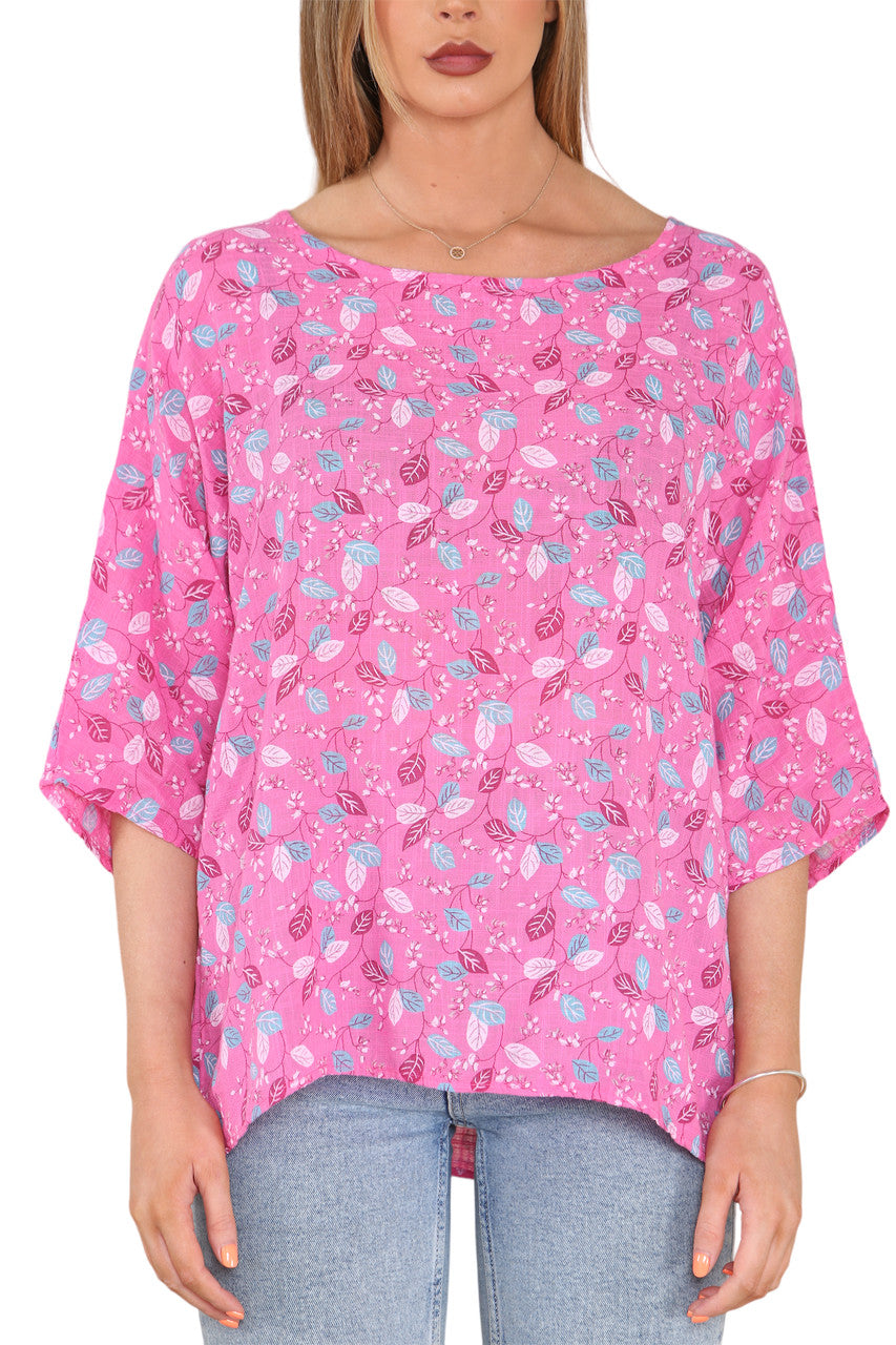 Ladies Ditsy Leaves Print Top Cerise