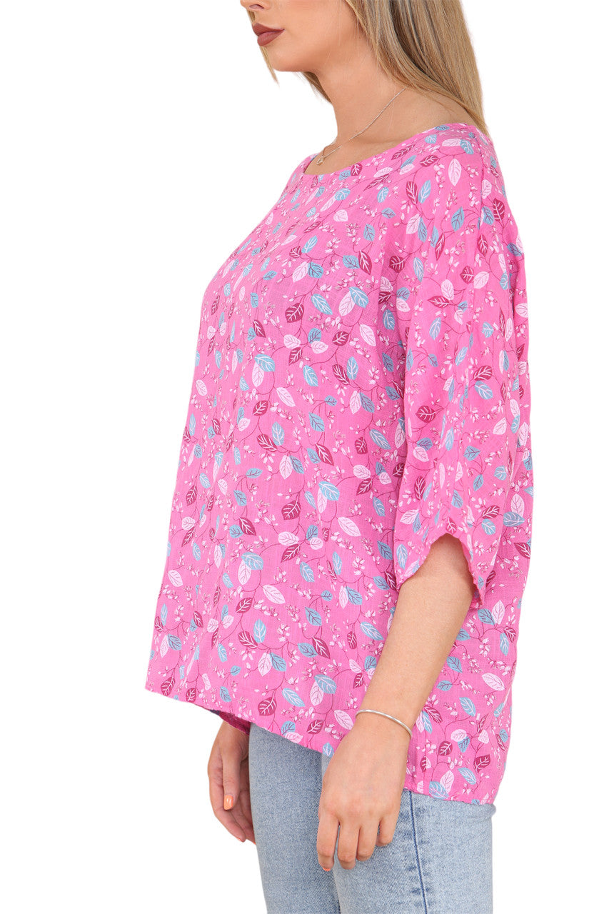 Ladies Ditsy Leaves Print Top Cerise
