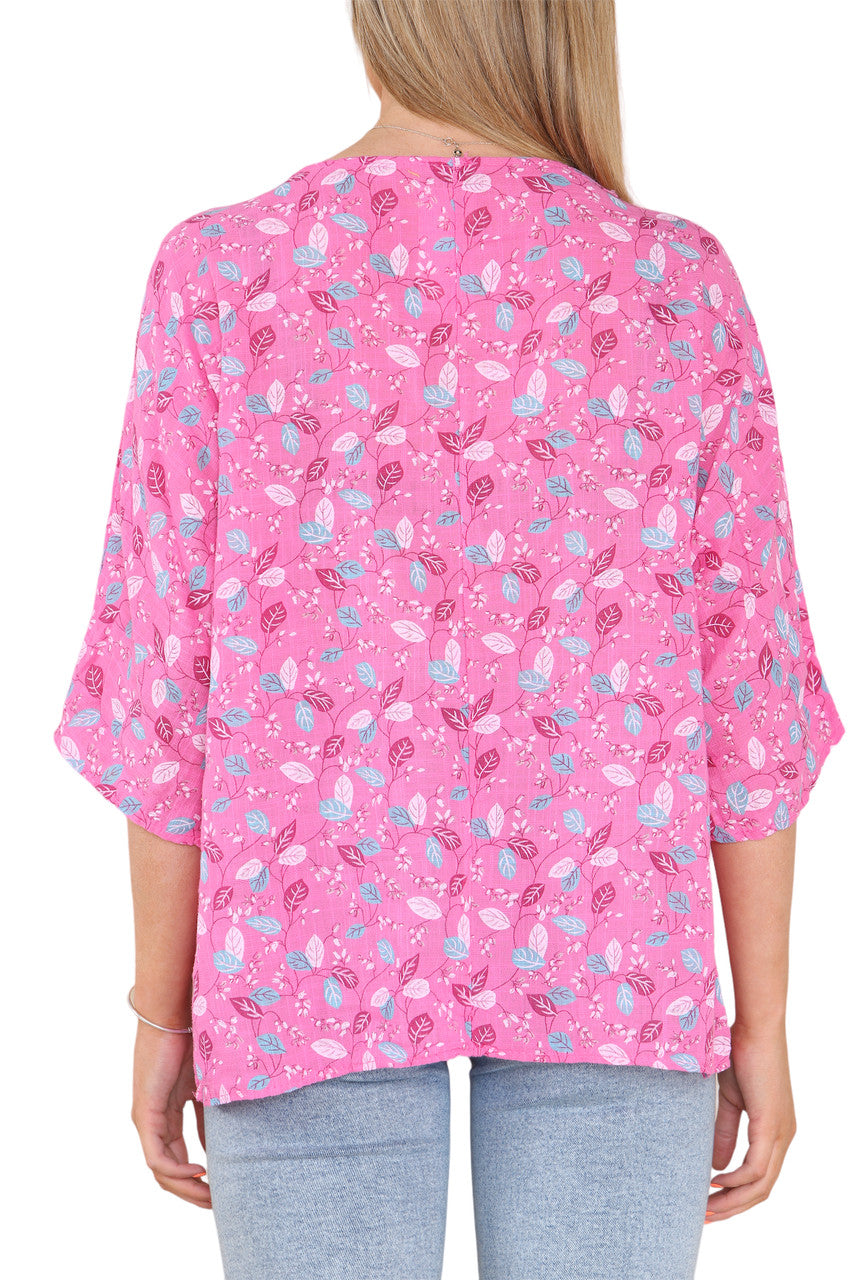Ladies Ditsy Leaves Print Top Cerise