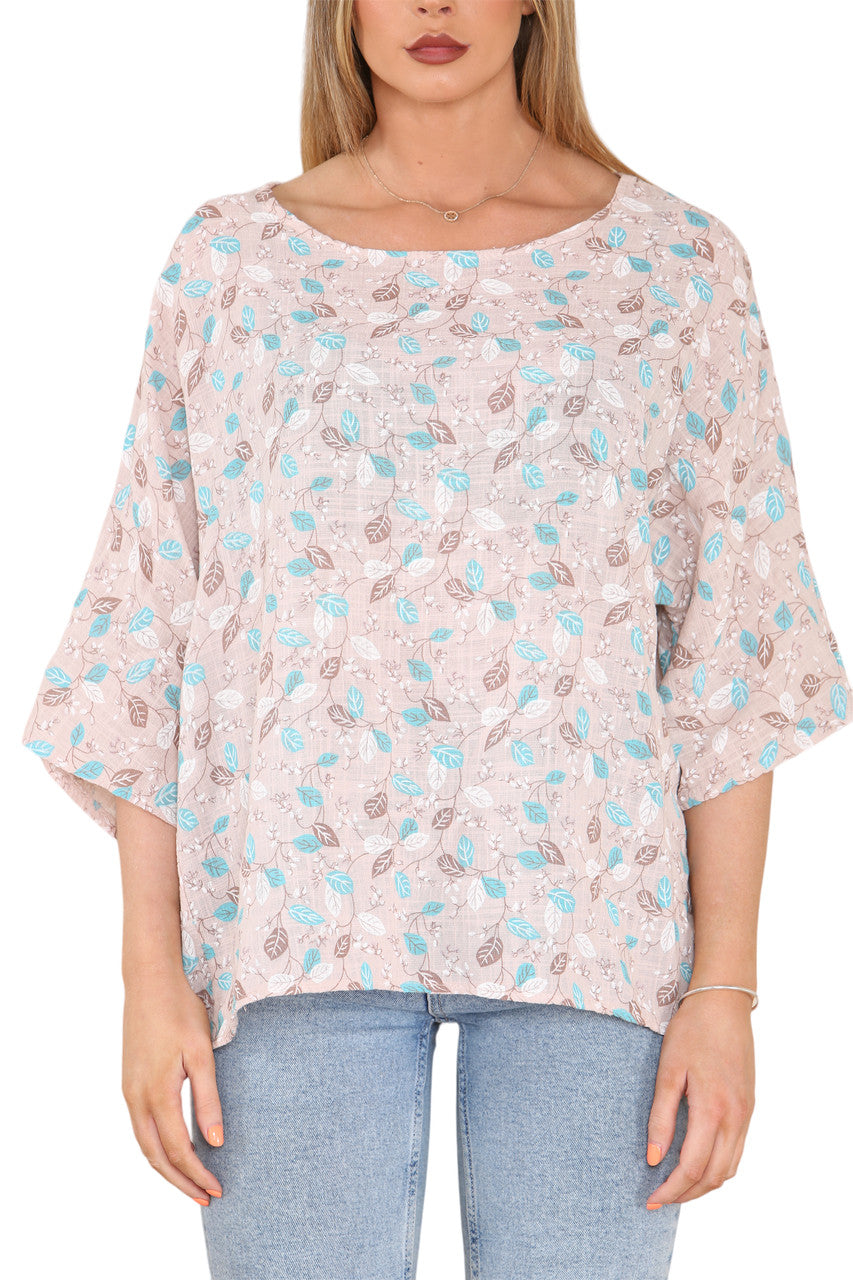 Ladies Ditsy Leaves Print Top Stone