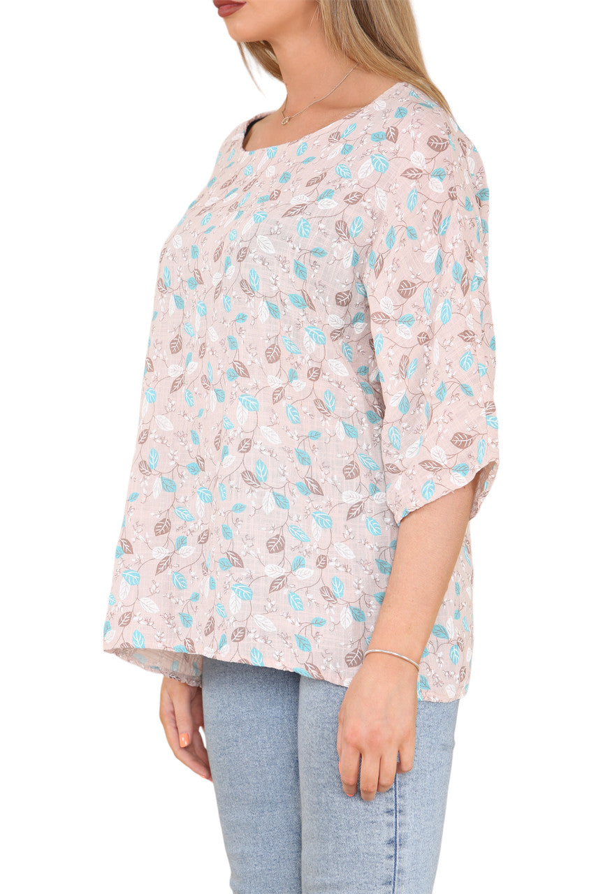 Ladies Ditsy Leaves Print Top Stone