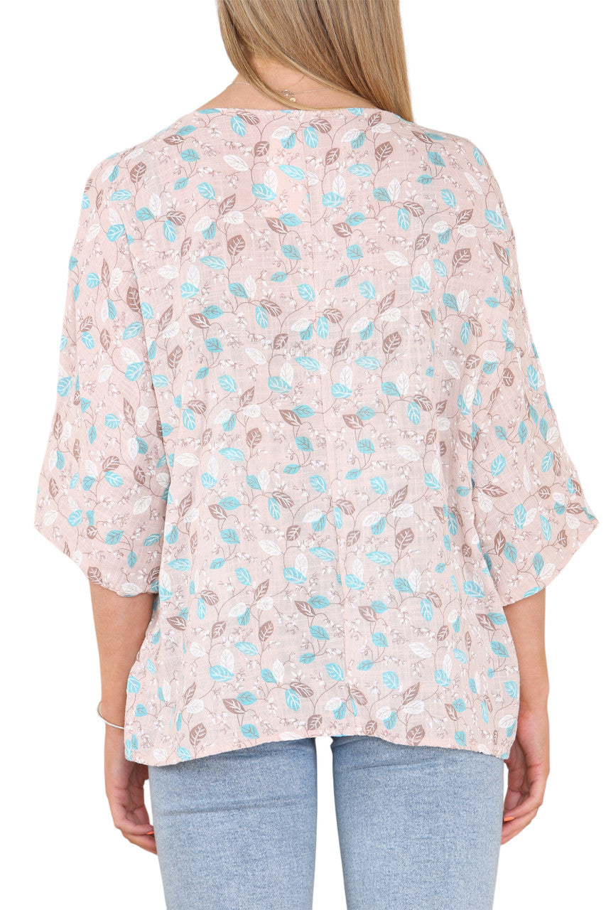 Ladies Ditsy Leaves Print Top Stone