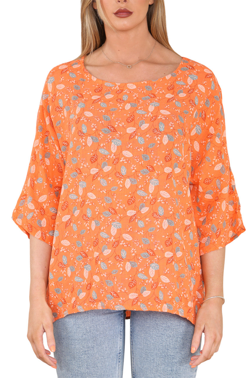 Ladies Ditsy Leaves Print Top Orange
