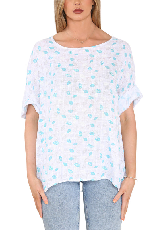 Ladies Ditsy Leaves Print Top White
