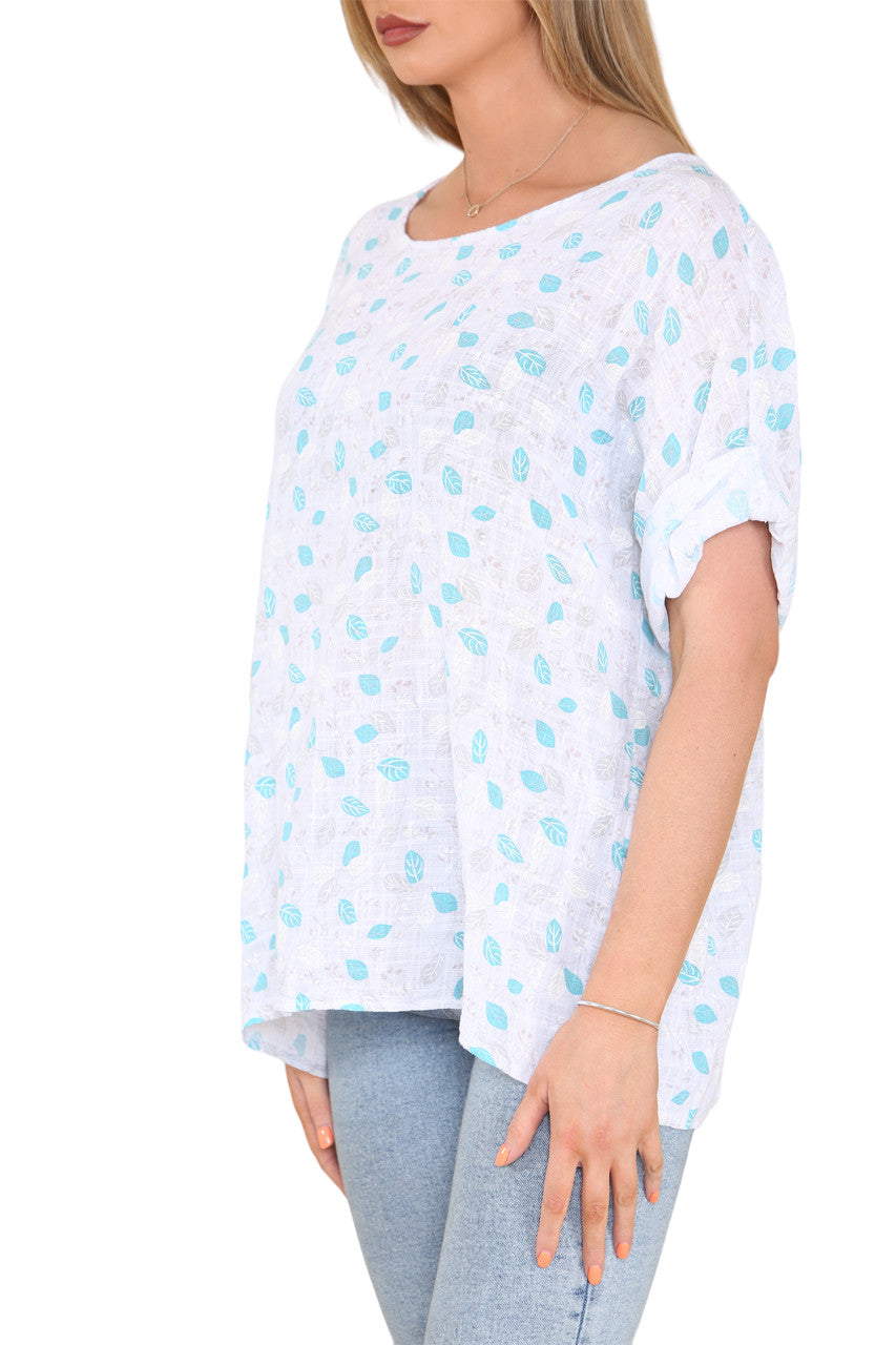 Ladies Ditsy Leaves Print Top White