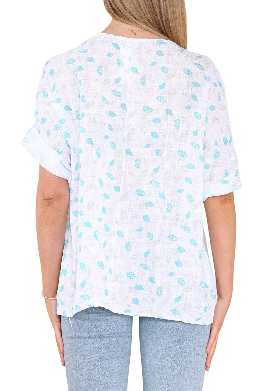 Ladies Ditsy Leaves Print Top White