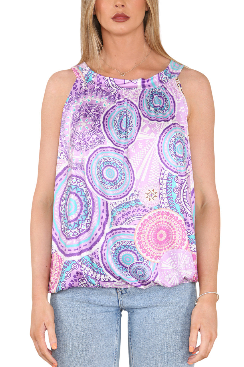 Dames Top met Tribale Print, Slinky en Strik op de Rug, Paars