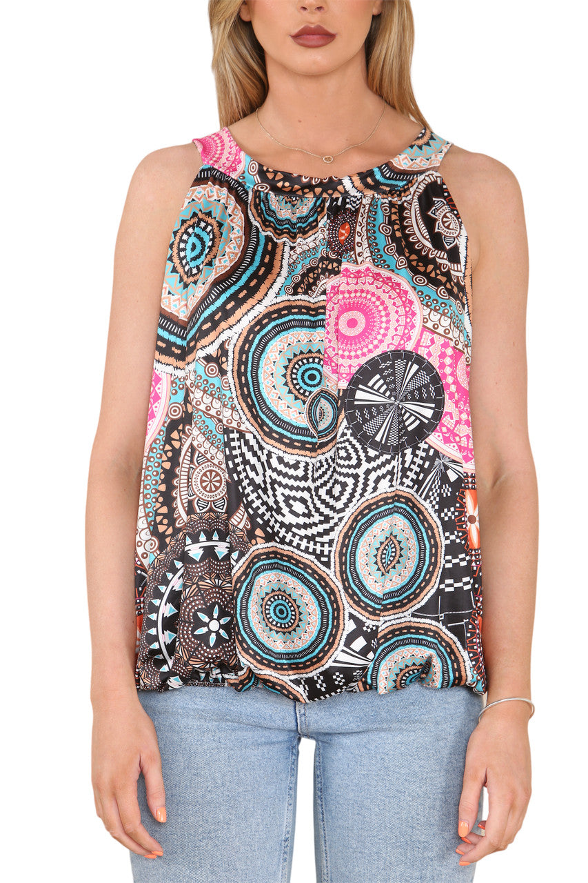 Ladies Tribal Print Slinky Tie Back Top Black