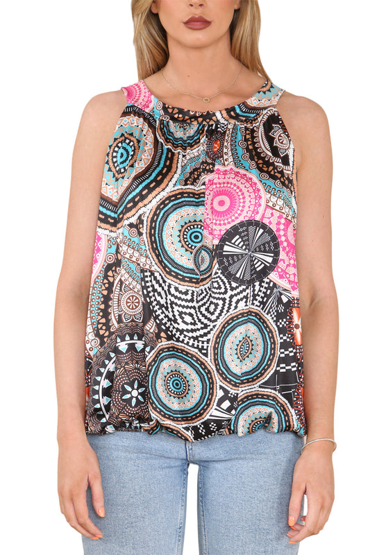 Ladies Tribal Print Slinky Tie Back Top Black