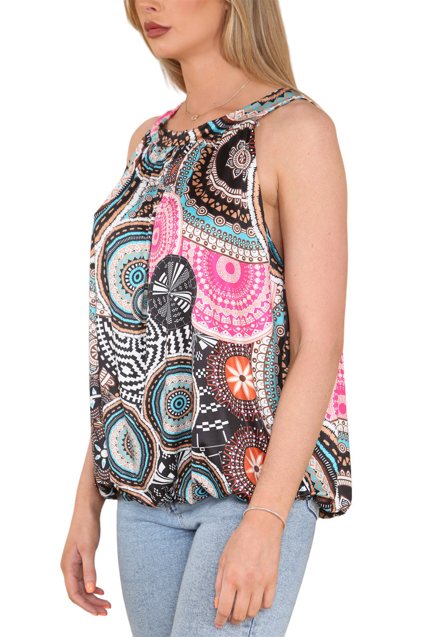 Ladies Tribal Print Slinky Tie Back Top Black
