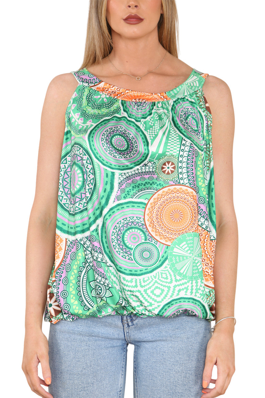 Ladies Tribal Print Slinky Tie Back Top Green