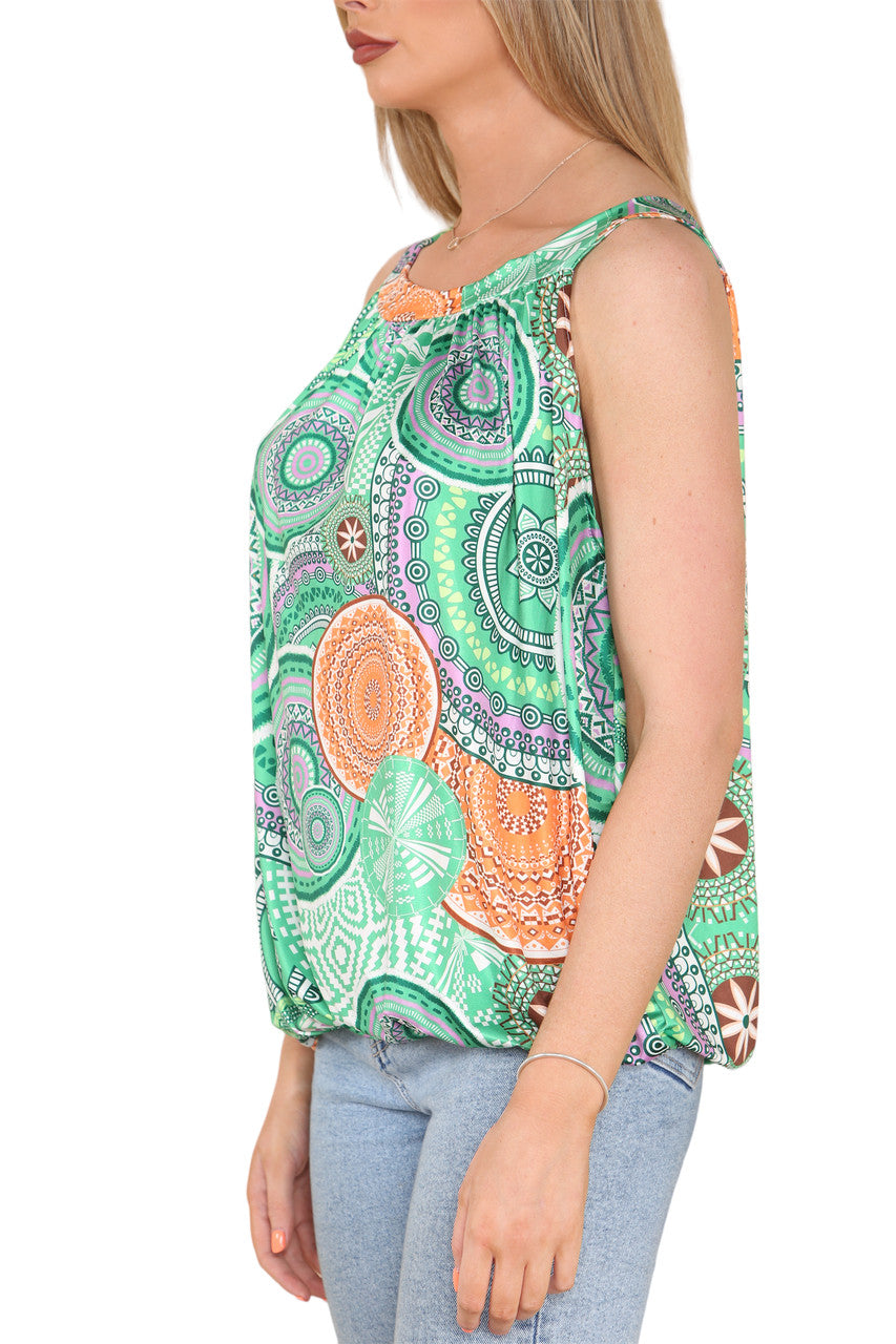 Ladies Tribal Print Slinky Tie Back Top Green