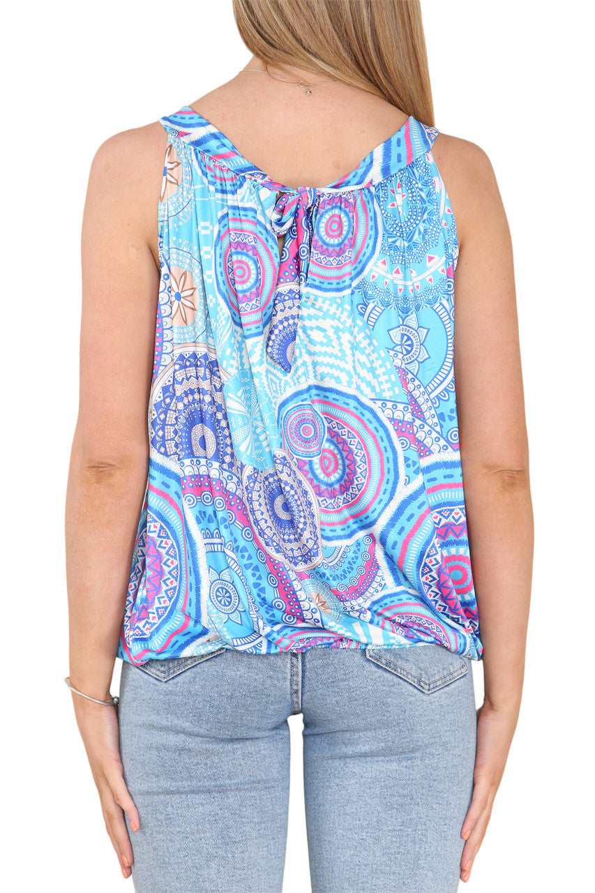Ladies Tribal Print Slinky Tie Back Top Turquoise