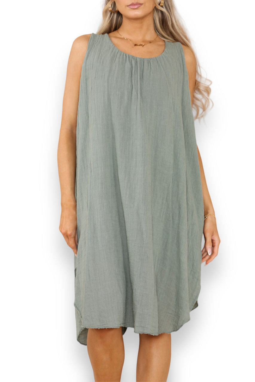 Ladies Plain Sleeveless Tunic Dress Khaki