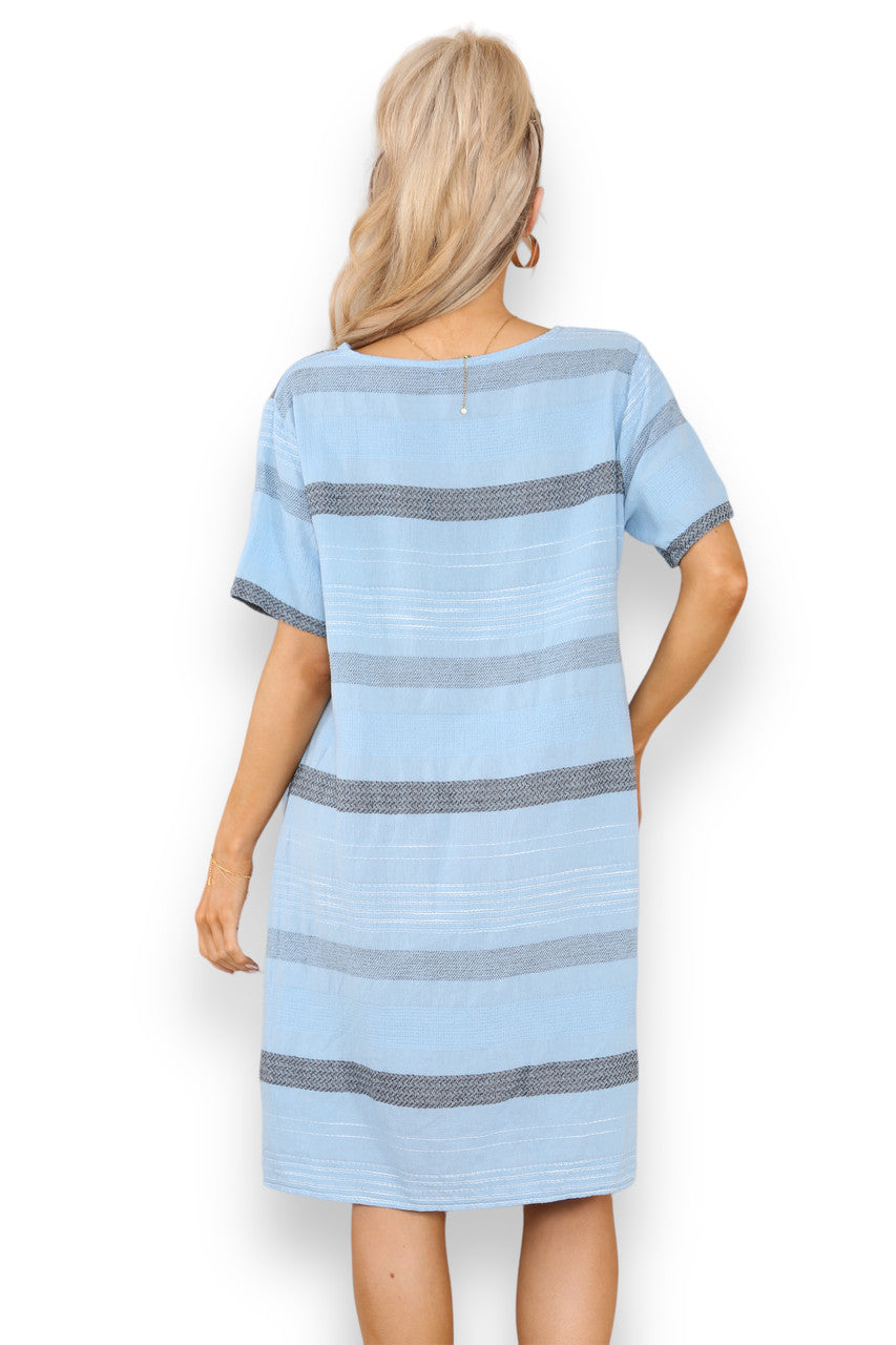 Ladies Stripe Print Tunic Dress Light Blue