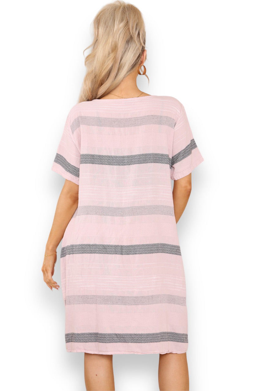 Ladies Stripe Print Tunic Dress Dusty Pink