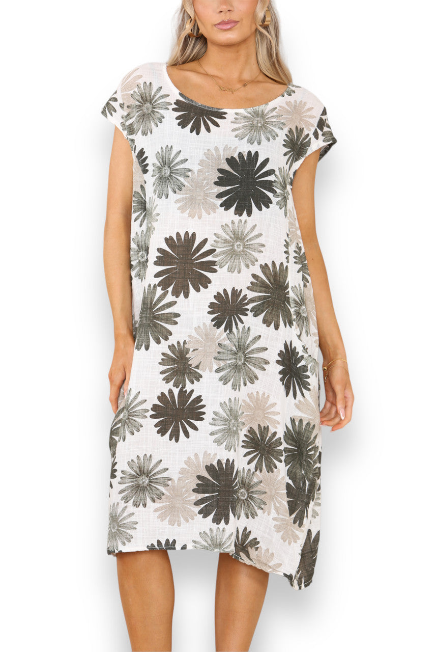 Ladies Dandelion Print Tunic Dress Khaki