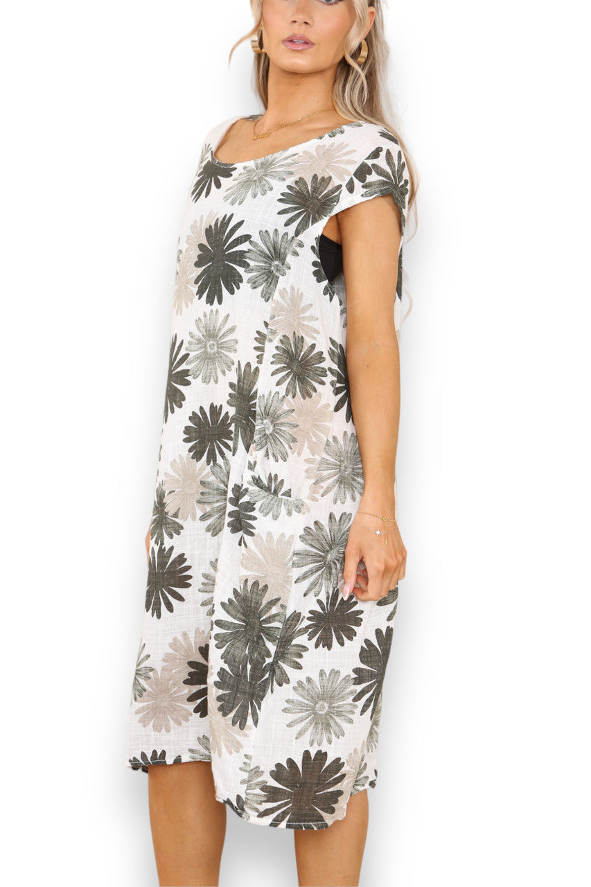 Ladies Dandelion Print Tunic Dress Khaki