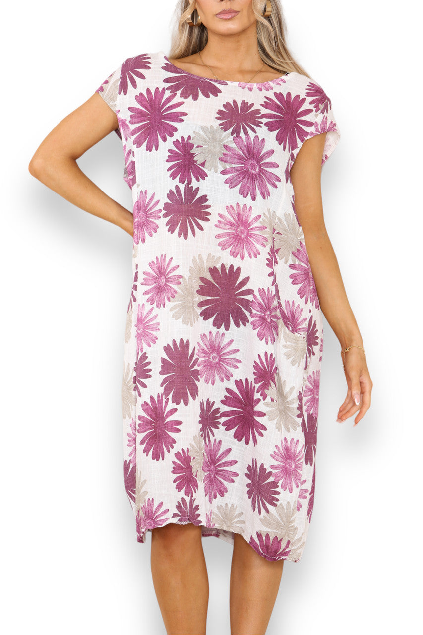 Ladies Dandelion Print Tunic Dress Cerise
