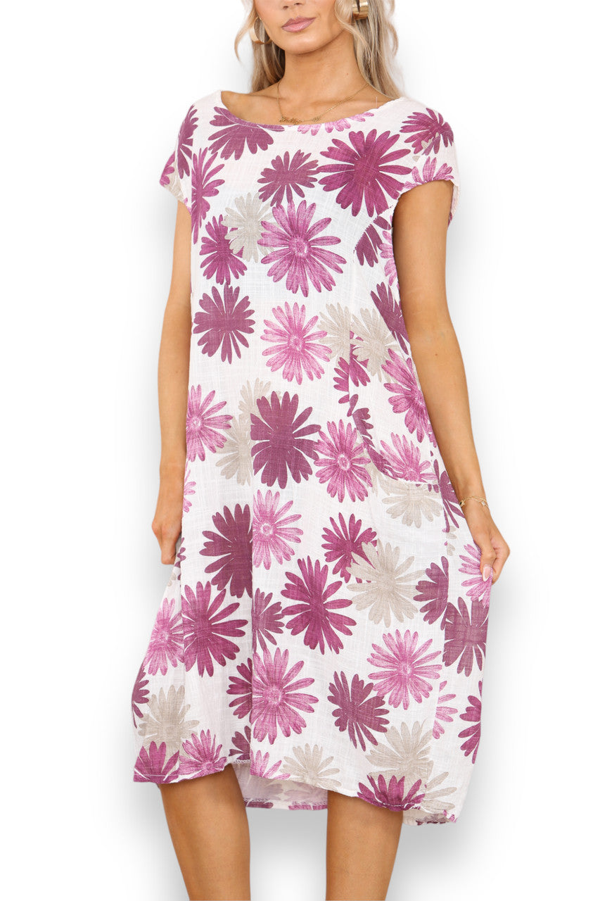 Ladies Dandelion Print Tunic Dress Cerise