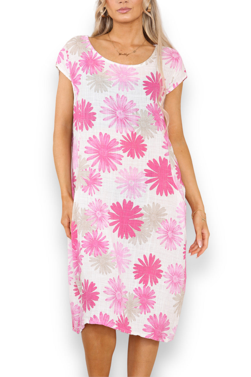 Ladies Dandelion Print Tunic Dress Pink