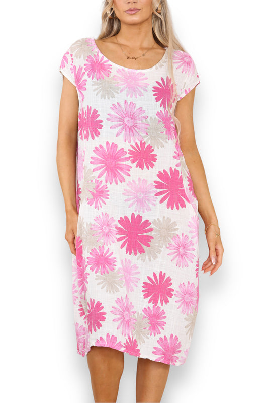 Ladies Dandelion Print Tunic Dress Pink
