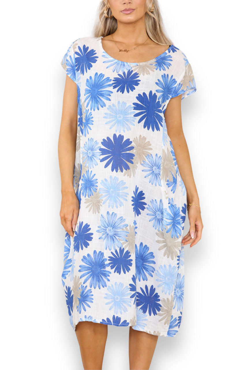 Ladies Dandelion Print Tunic Dress Blue