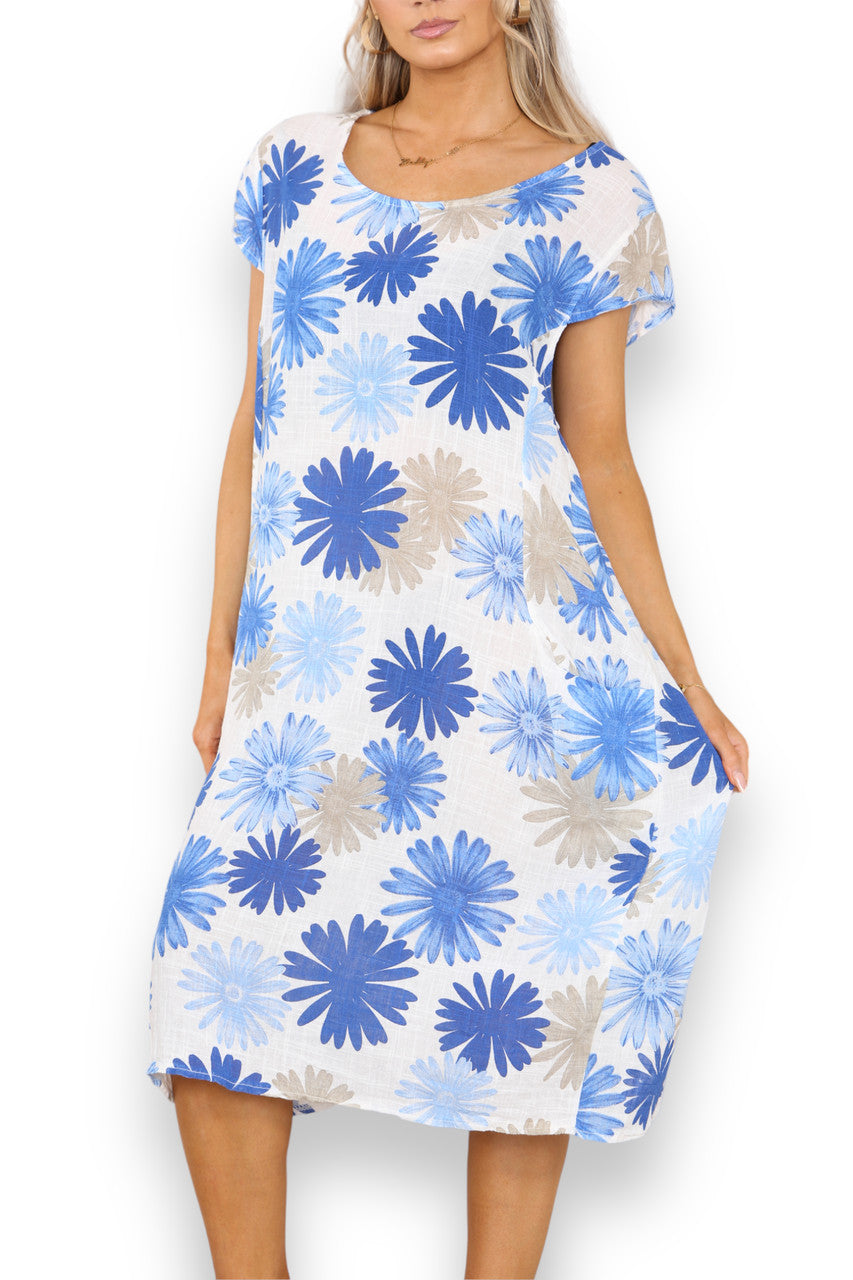 Ladies Dandelion Print Tunic Dress Blue
