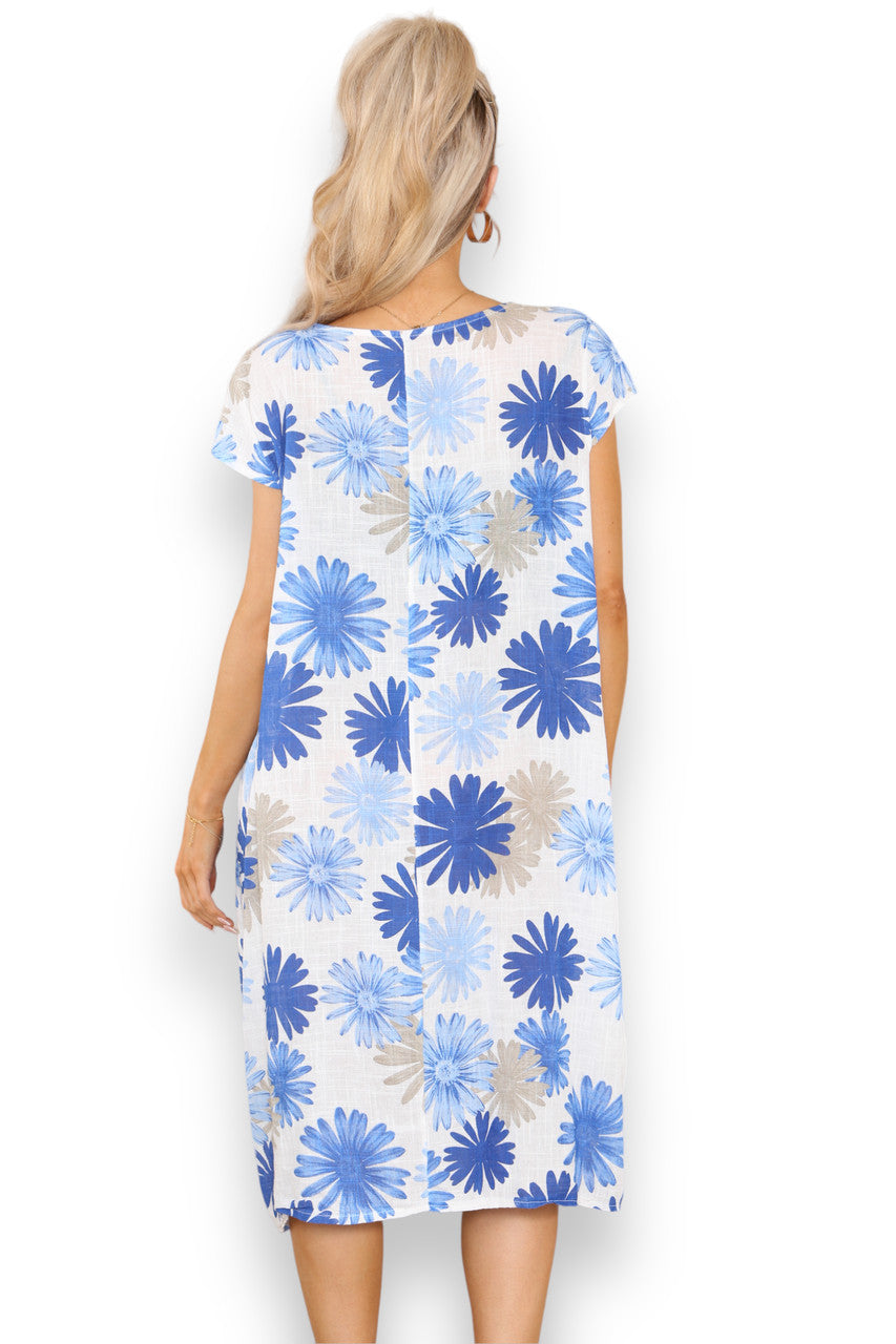 Ladies Dandelion Print Tunic Dress Blue