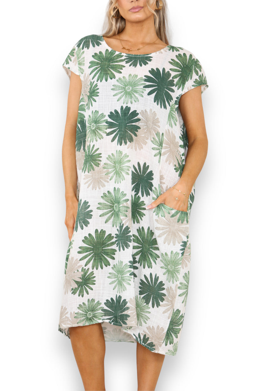 Ladies Dandelion Print Tunic Dress Green