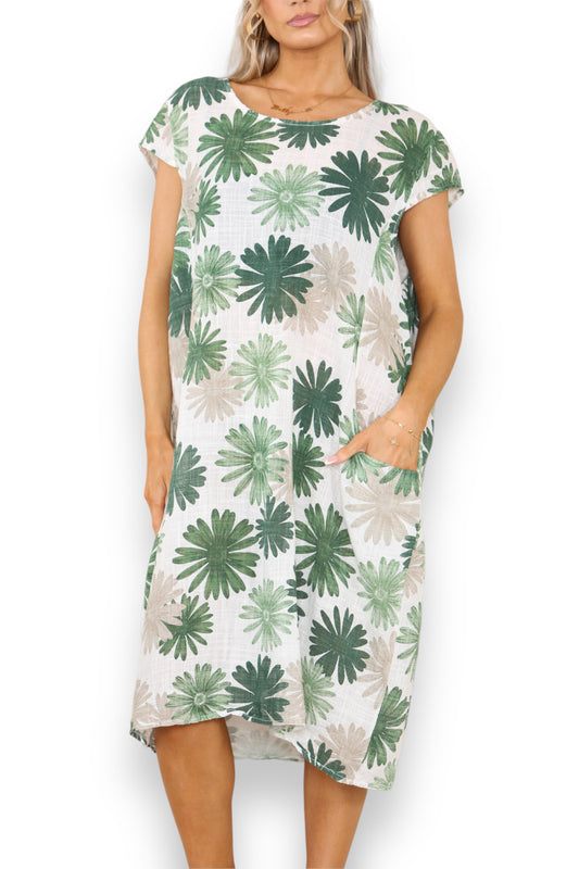 Ladies Dandelion Print Tunic Dress Green