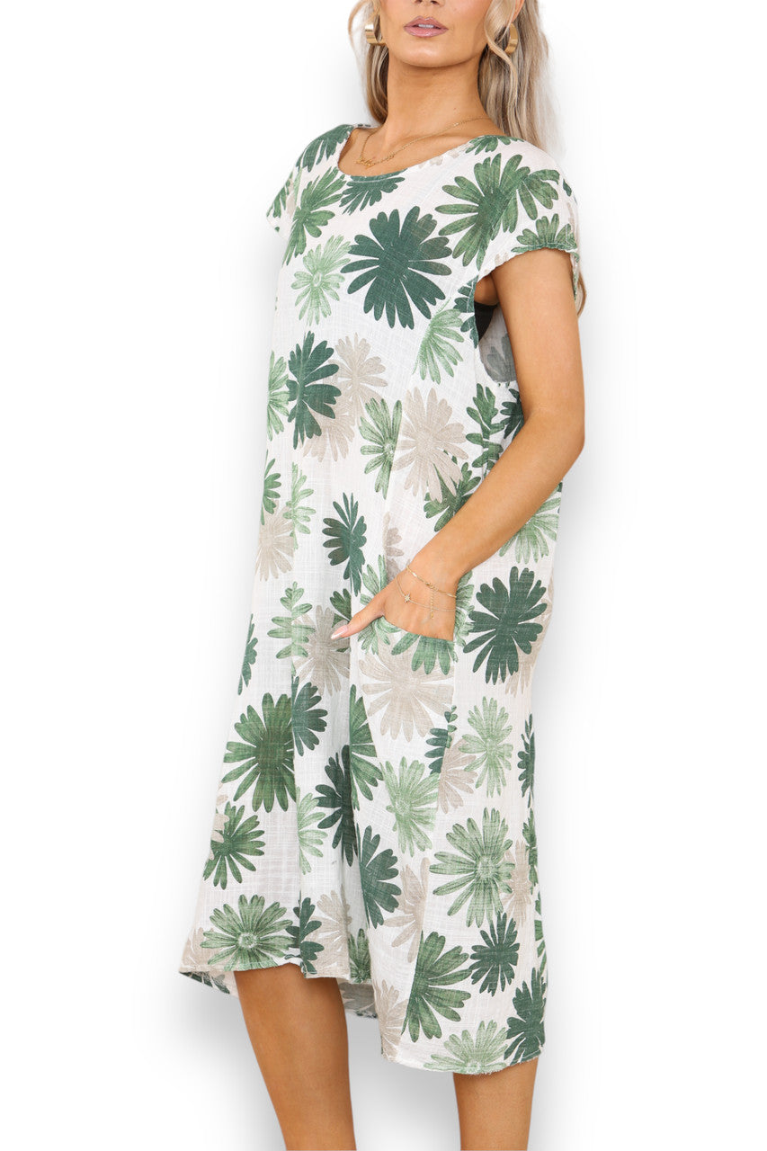 Ladies Dandelion Print Tunic Dress Green