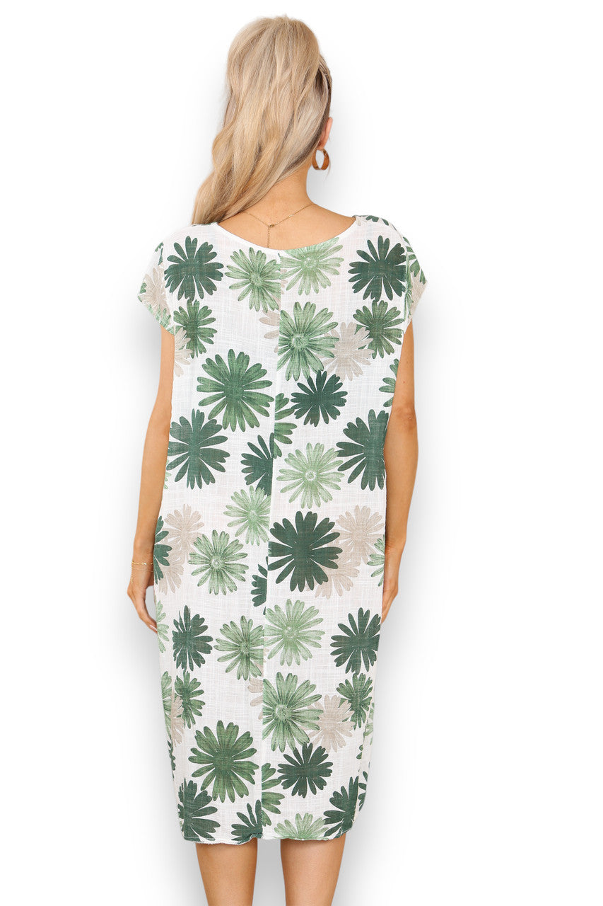 Ladies Dandelion Print Tunic Dress Green