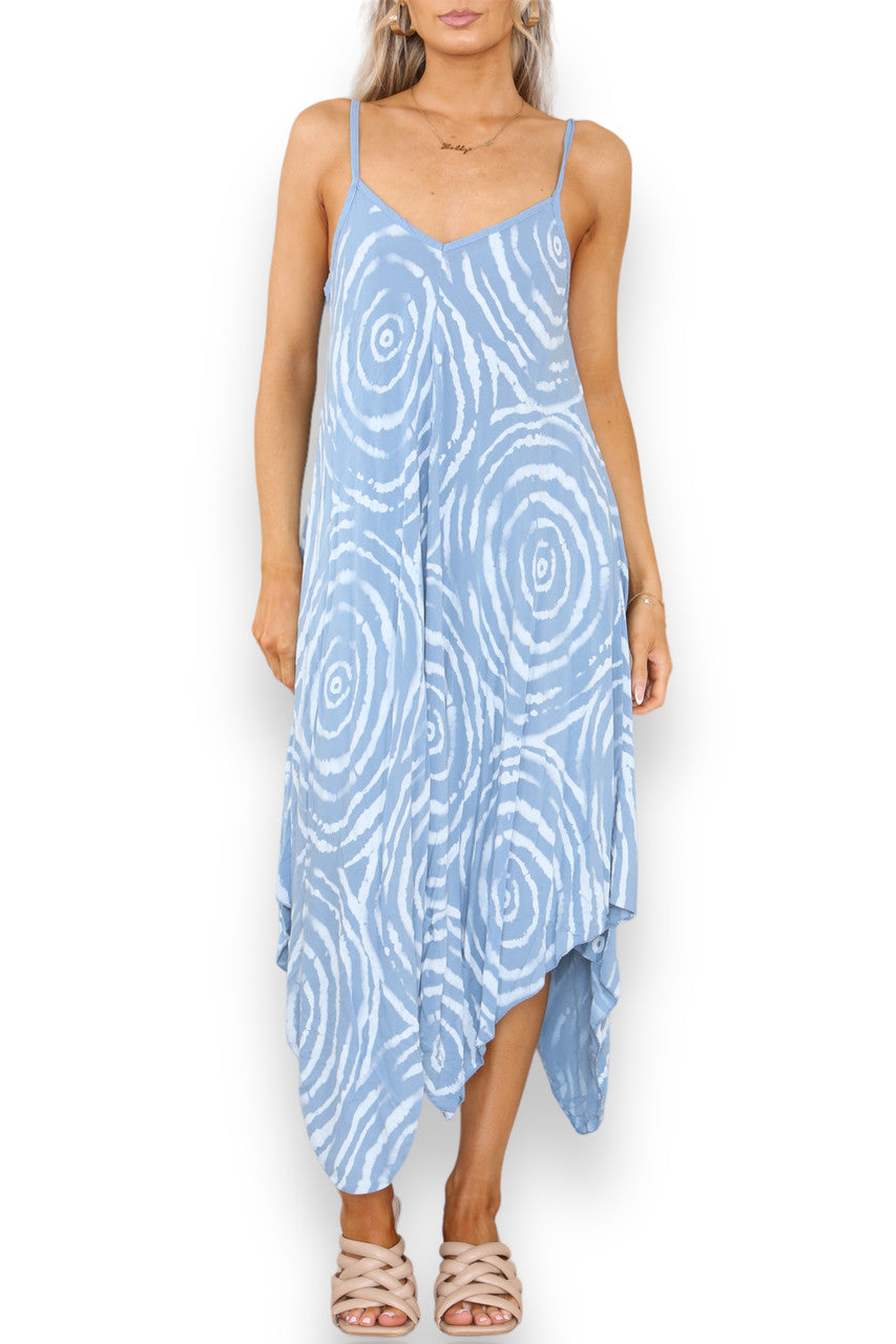 TIE DYE SWIRL PRINT STRAPPY DRESS DENIM