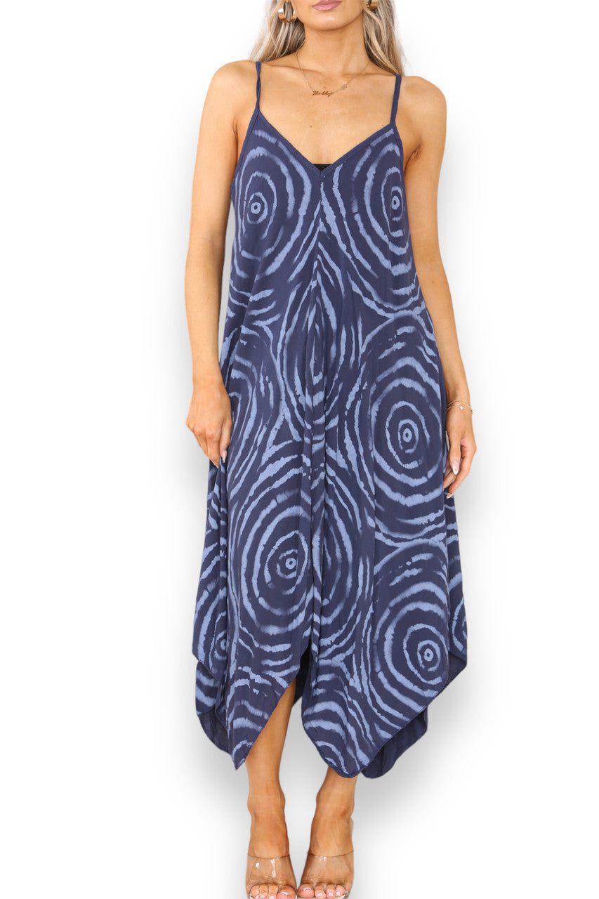 Ladies Tie Dye Swirl Print Strappy Dress Navy
