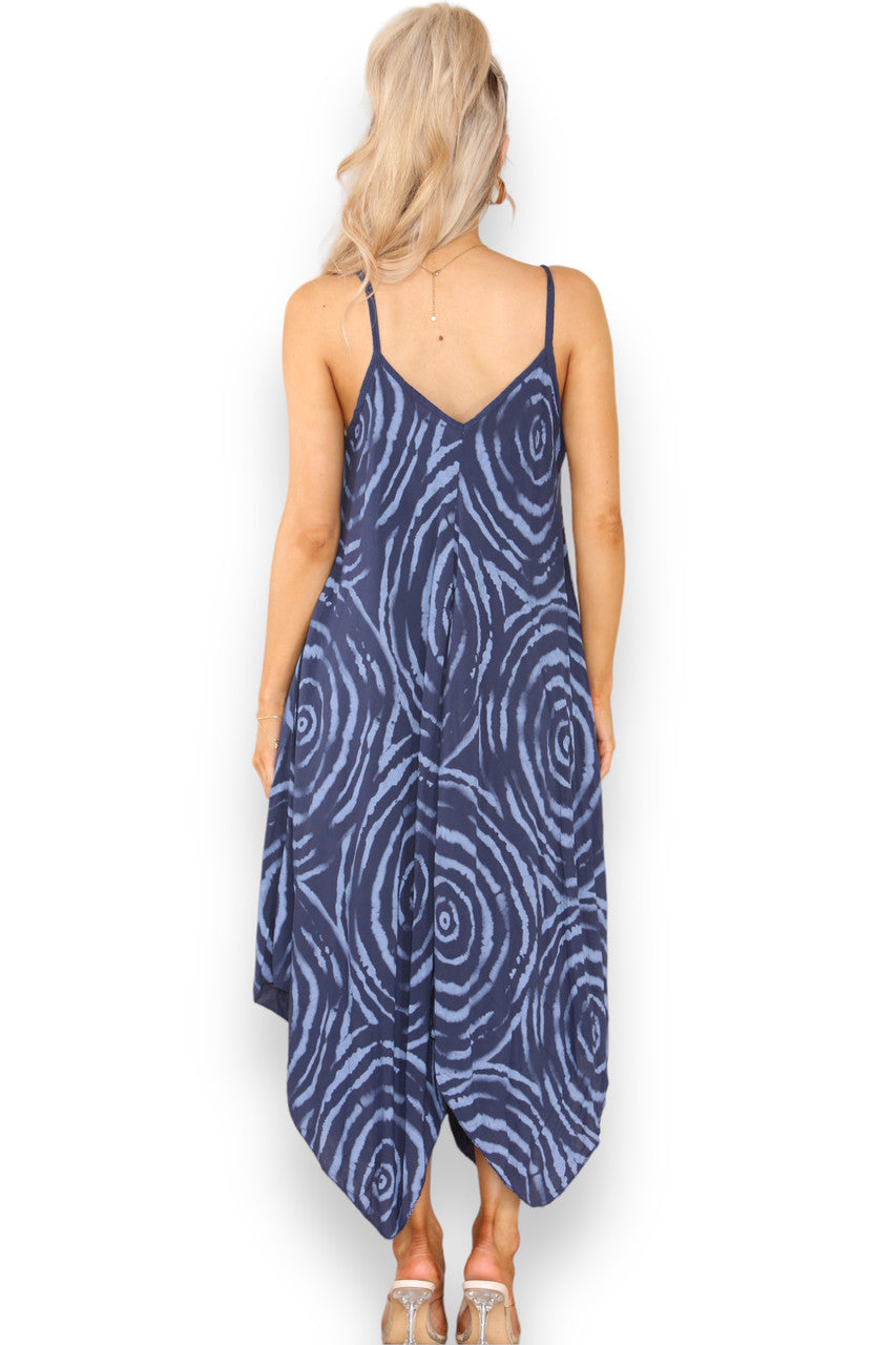 Ladies Tie Dye Swirl Print Strappy Dress Navy