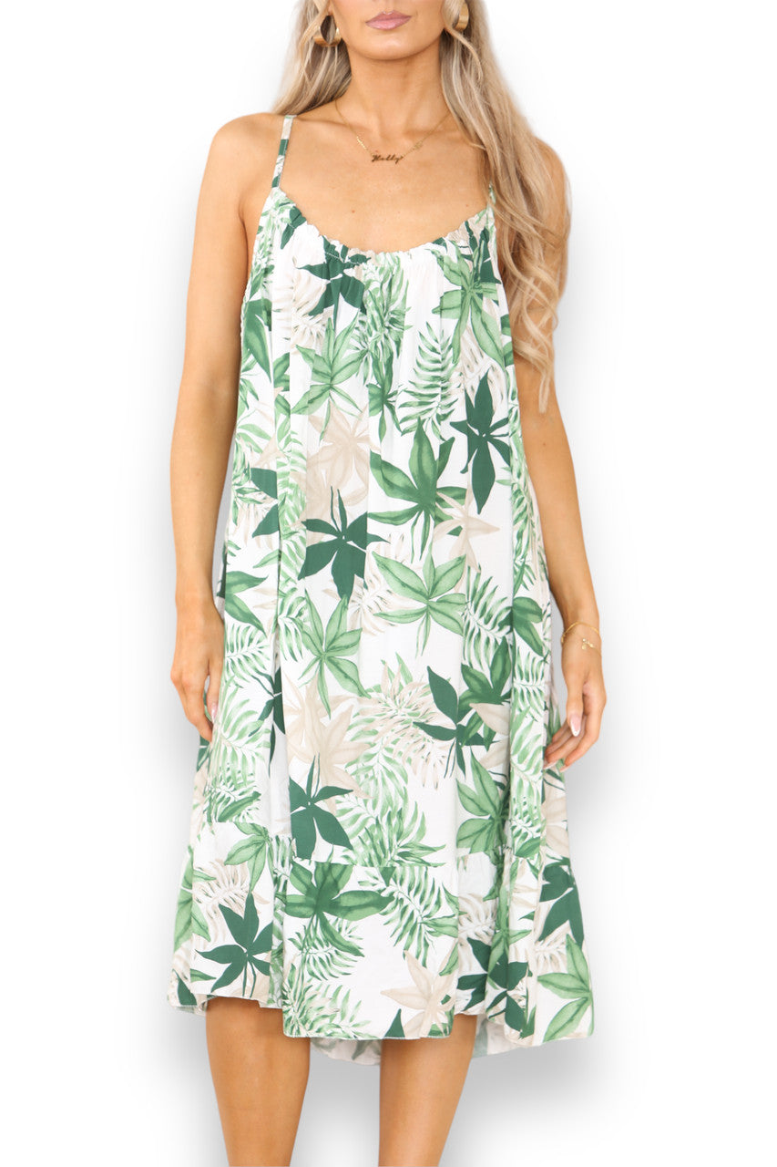 Ladies Leaf Mix Print Strappy Dress Green