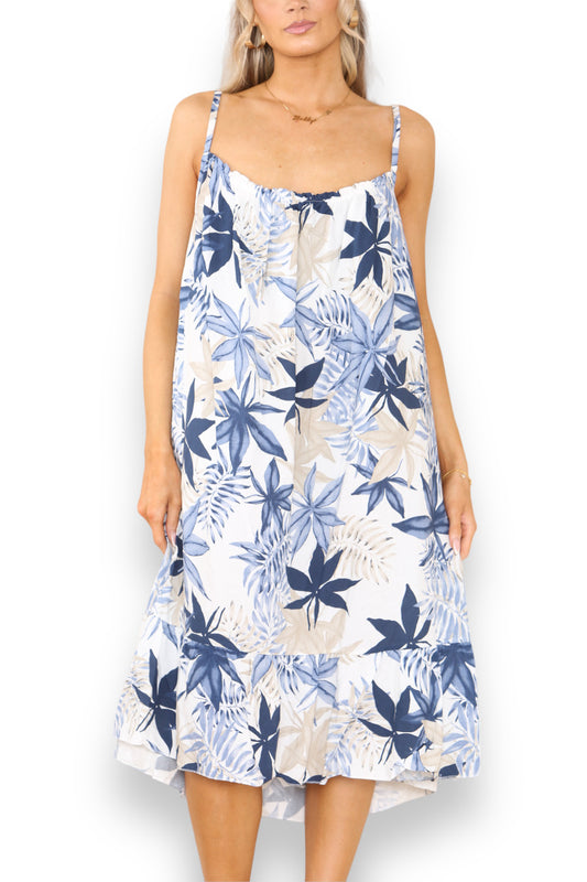 Ladies Leaf Mix Print Strappy Dress Navy