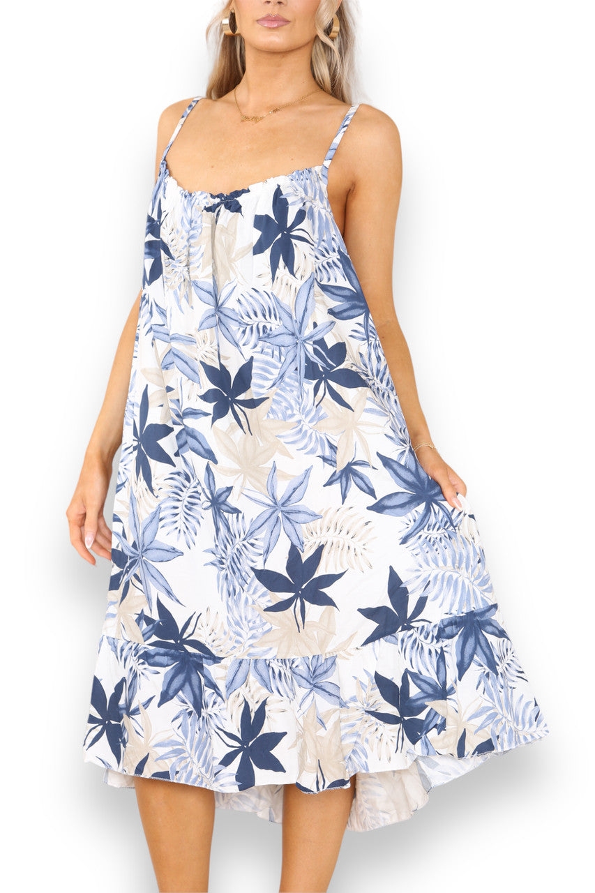 Ladies Leaf Mix Print Strappy Dress Navy