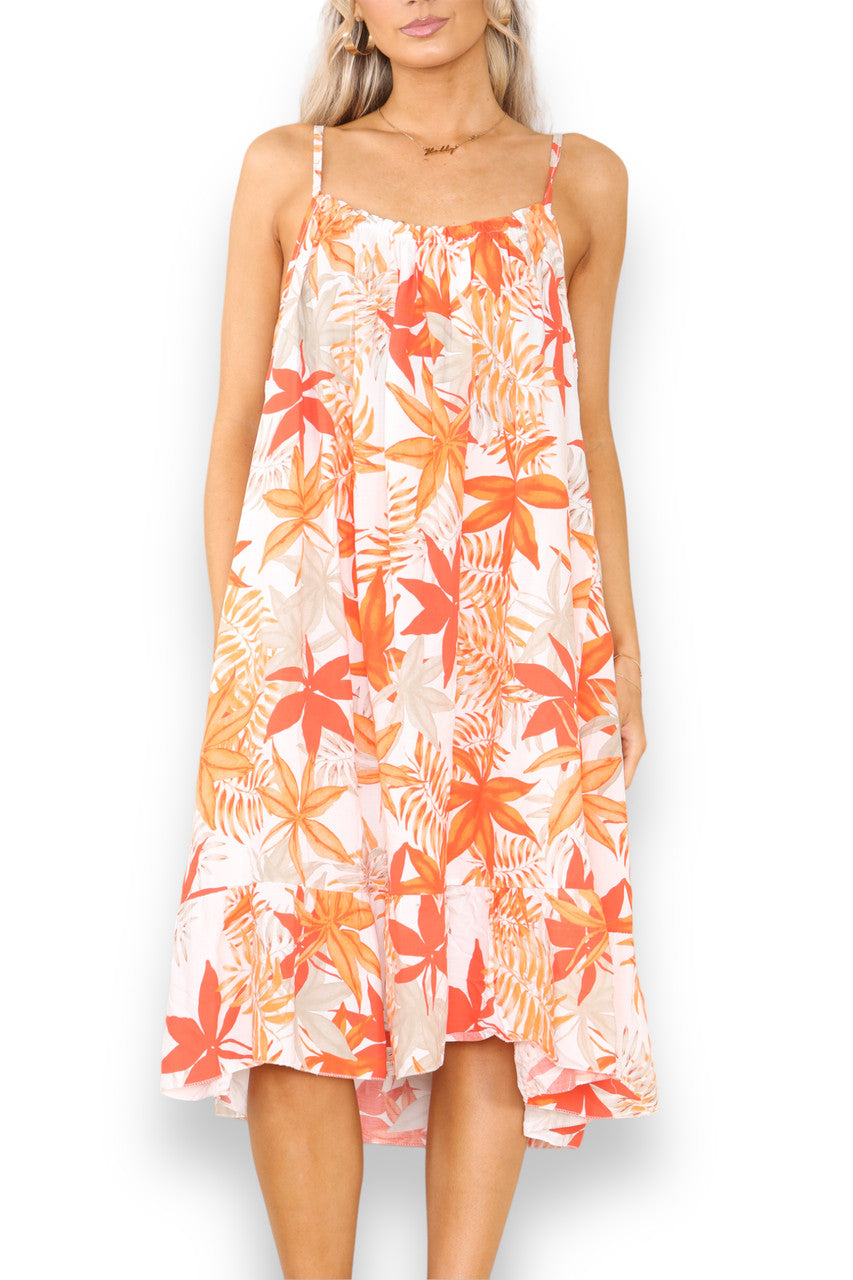 Ladies Leaf Mix Print Strappy Dress Orange