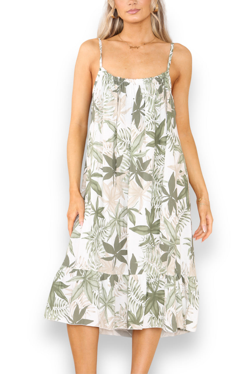 Ladies Leaf Mix Print Strappy Dress Khaki