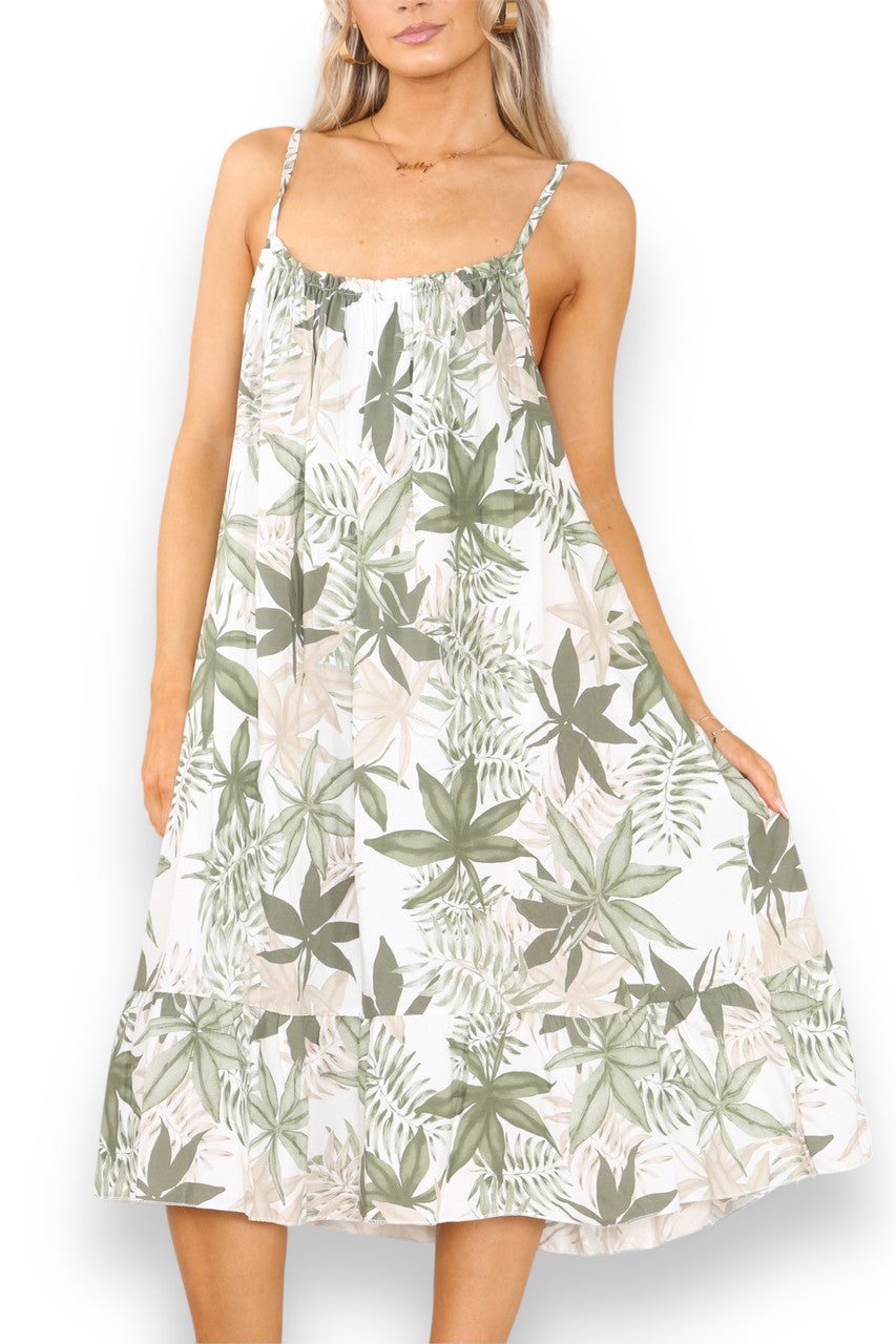Ladies Leaf Mix Print Strappy Dress Khaki