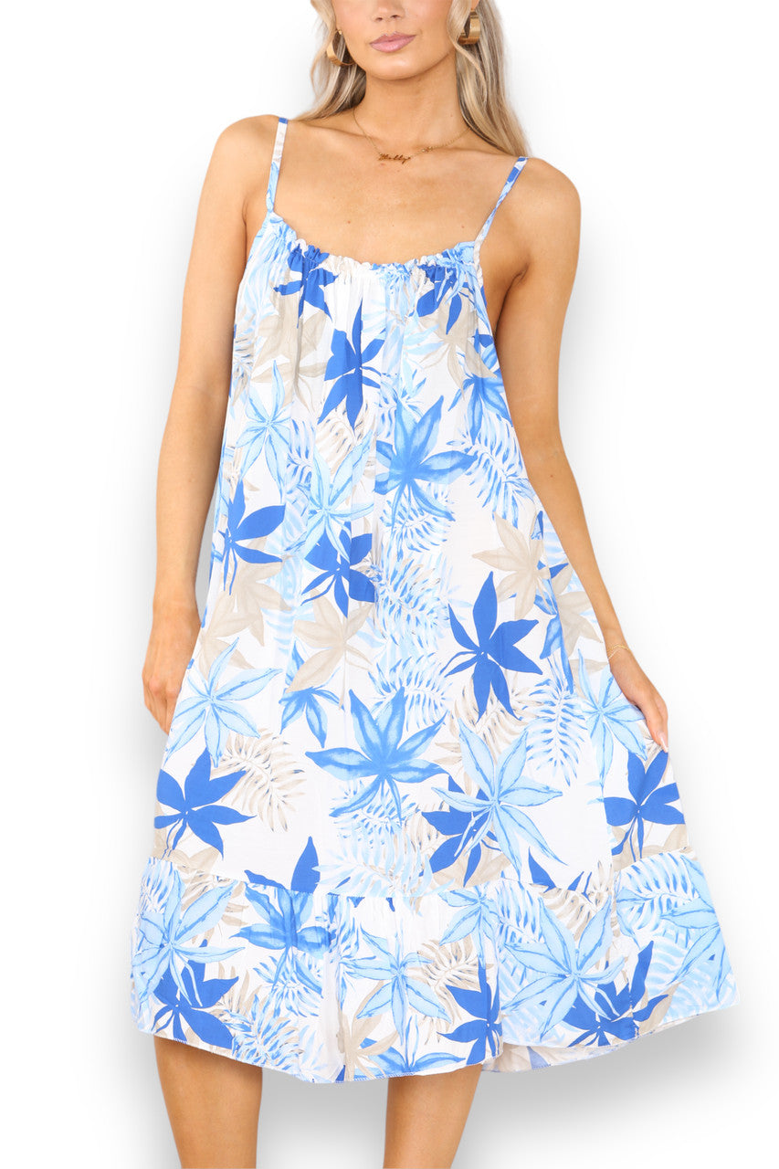 Dames Strapless Jurk met Bladprint in Blauw